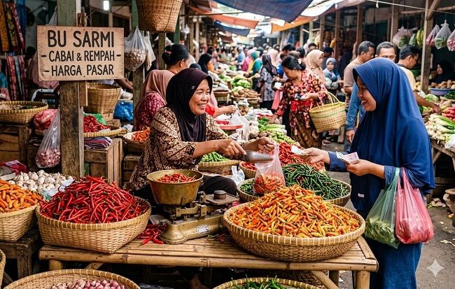 Ilustrasi pedagang cabai melayani pembeli di pasar tradisional. Ilustrasi: Gemini AI