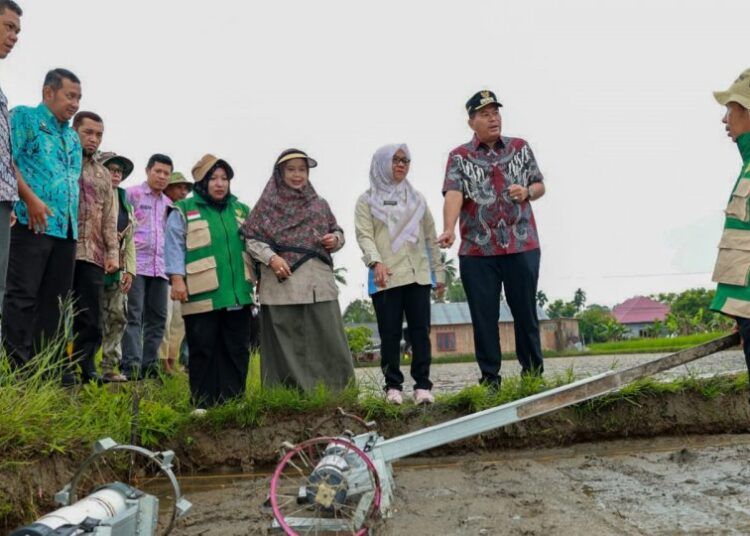 Wali Kota Pariaman, Yota Balad, menghadiri kegiatan tanam perdana penerapan teknologi pertanian modern Advanced Agriculture System (PM-AAS) bersama Kelompok Tani (Poktan) Kito Samolah di Desa Sungai Pasak, Kecamatan Pariaman Timur, Kamis (30/7).