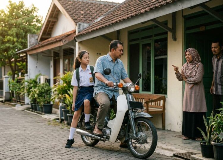 Ilustrasi seorang pria dewas mengantarkan pacarnya yang merupakan siswi SMP ke rumah orang tua siswi tersebut. Ilustrasi: Gemini AI