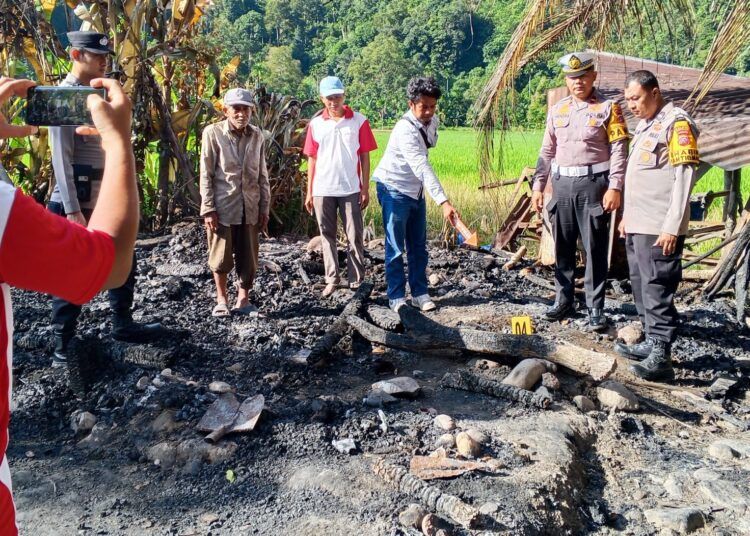 Polisi melakukan olah tempat kejadian perkara di Sebuah Rumah pondok dan kandang sapi di Lubuk Agung, Kampung Laban, Kenagarian Salido, Kecamatan IV Jurai, Pesisir Selatan, Sumatera Barat (Sumbar), terbakar pada Kamis (9/7/2026) malam. Foto: Polres Pesisir Selatan