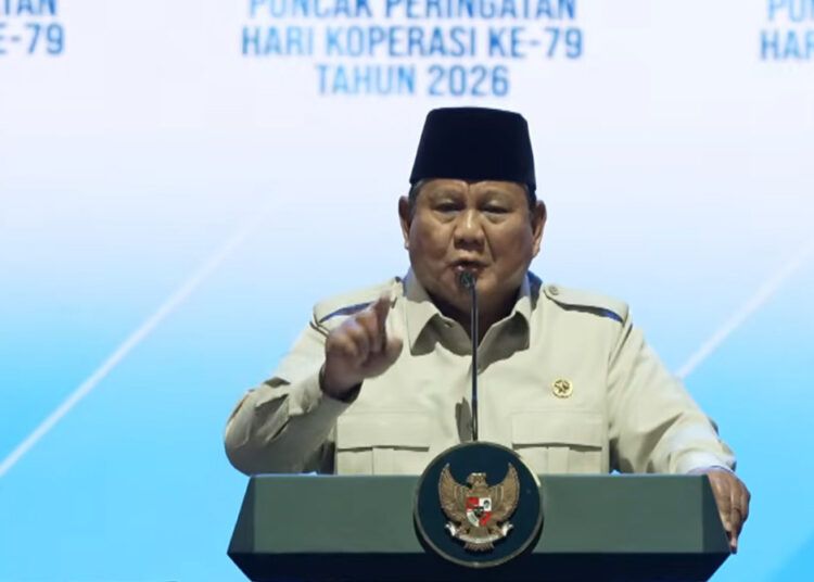 Prabowo saat berpidato dalam Puncak Peringatan Hari Koperasi Nasional (Harkopnas) ke-79 di Jakarta, Minggu (12/7). Foto: Tangkapan layar YouTube Sekretariat Presiden.
