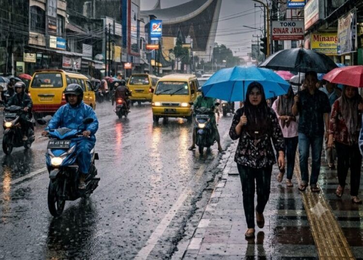 BMKG memprakirakan sejumlah daerah di Sumatera Barat berpotensi mengalami hujan dengan intensitas ringan hingga lebat pada 19–21 Juli 2026. Foto: Ilustrasi AI