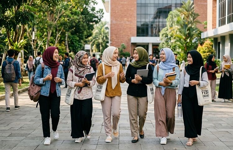 Ilustrasi sejumlah mahasiswa memakai hijab di kampus. Ilustrasi: Gemini AI