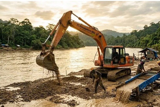 Ilustrasi penambang emas di pinggir sungai. Foto: Ilustrasi AI
