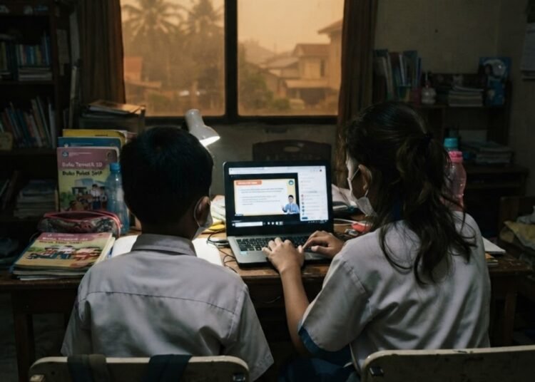 Ilustrasi dua pelajar belajar dari rumah menggunakan laptop. Foto: Ilustrasi AI