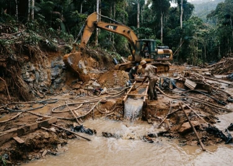Ilustrasi penambang emas di tengah hutan. Foto: Ilustrasi AI