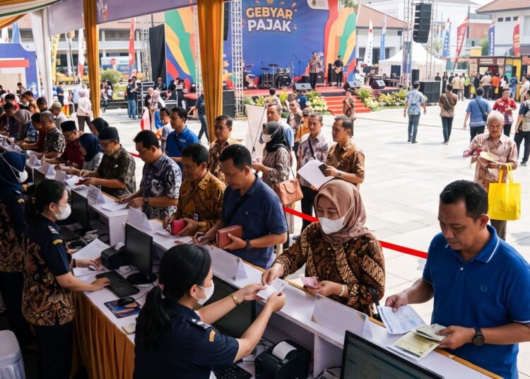 Ilustrasi sejumlah orang membayar pajak saat Gebyar Bayar Pajak. Foto: Ilustrasi AI
