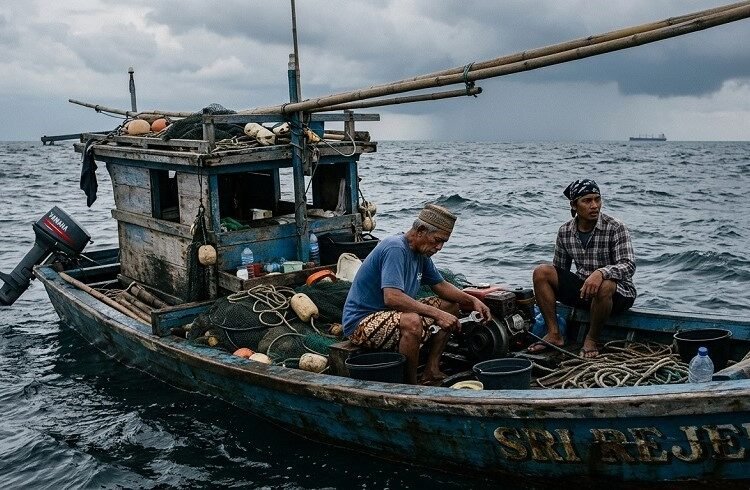 Ilustrasi dua nelayan terjebak di laut karena kapal yang mereka gunakan mengalami kerusakan mesin. Ilustrasi: Gemini AI