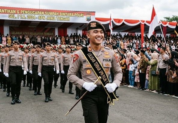 Ilustrasi polisi baru lulus tes seleksi masuk Polri. Ilustrasi: Gemini AI