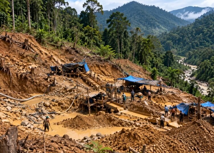 Ilustrasi tambang emas ilegal di hutan, dibuat dengan AI.