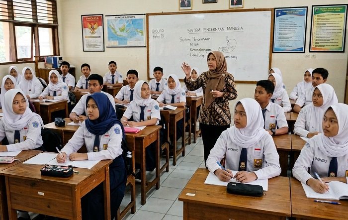 Ilustrasi siswa mengikuti pelajaran di sekolah. Ilustrasi: Gemini AI