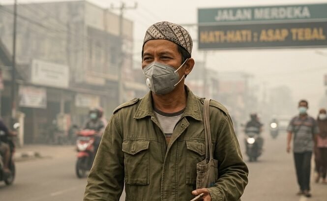 Ilustrasi seorang warga memakai masker untuk melindungi diri dari bahaya ISPA akibat kabut asap. Ilustrasi: Gemini AI